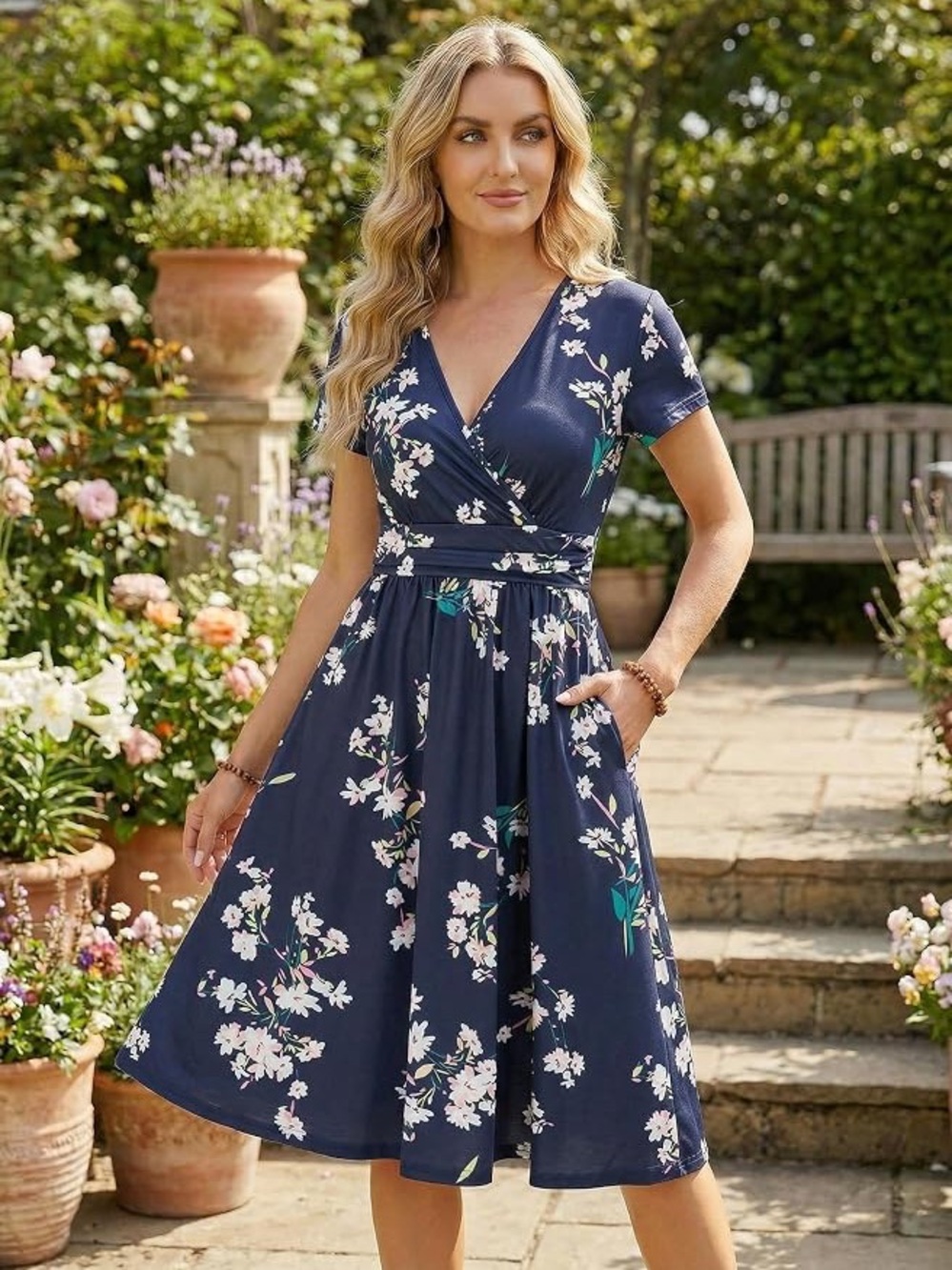 Navy Floral Wrap Knee Length Dress - OUGES - Size Medium/Large - New